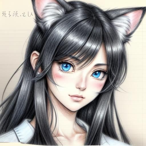 Brazilian Nekomimi Cat-Girl in Anime Pencil Drawing