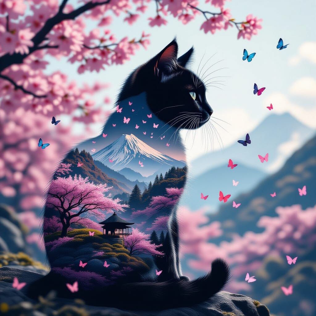 Cat Silhouette Double Exposure with Japanese Landscape