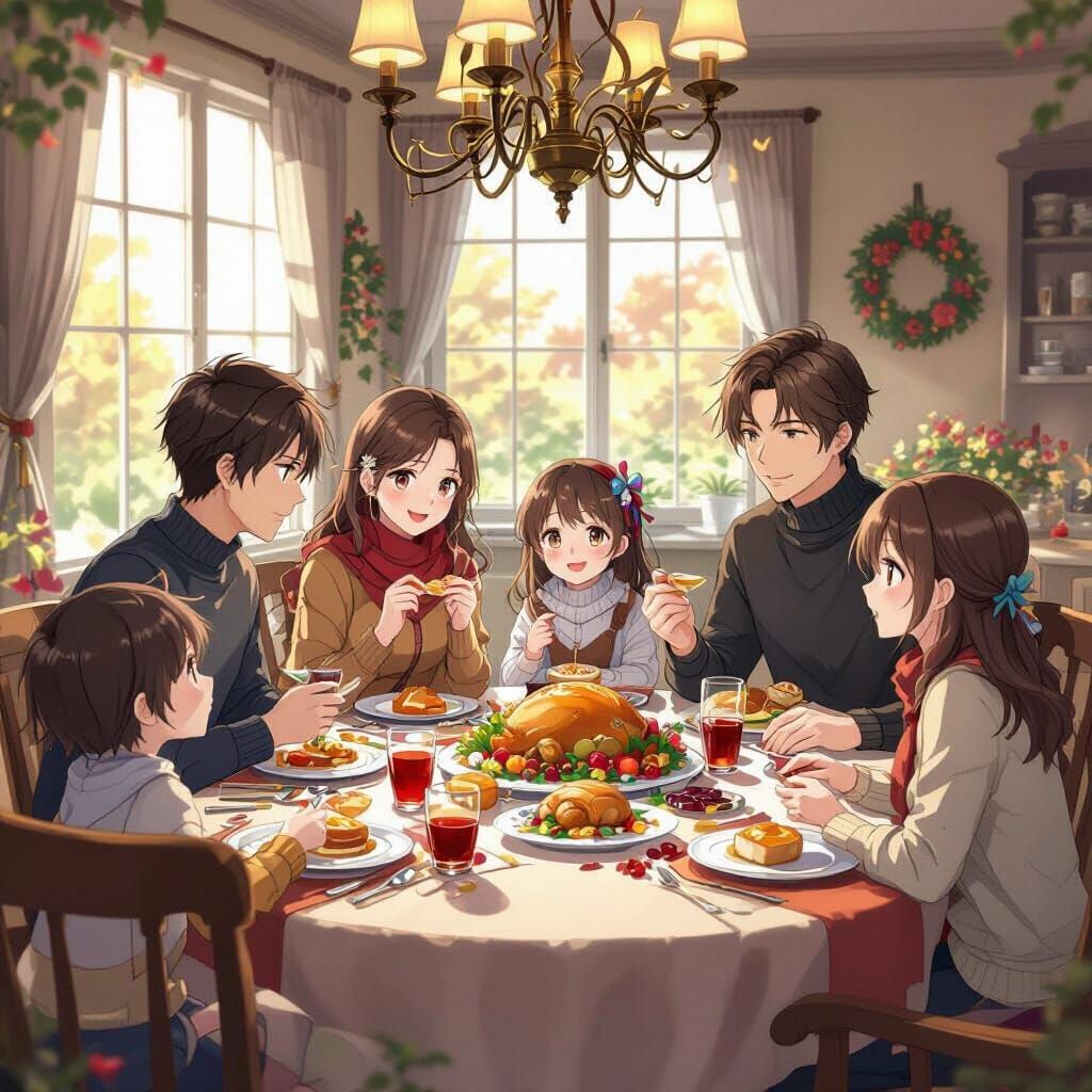 Anime Family Thanksgiving Feast Celebration