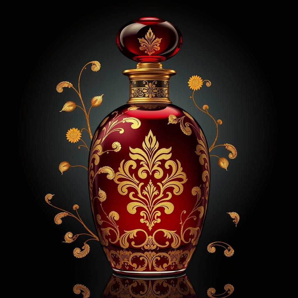 Luxurious Victorian-Era Perfume Bottle in Golden Damask Patt...