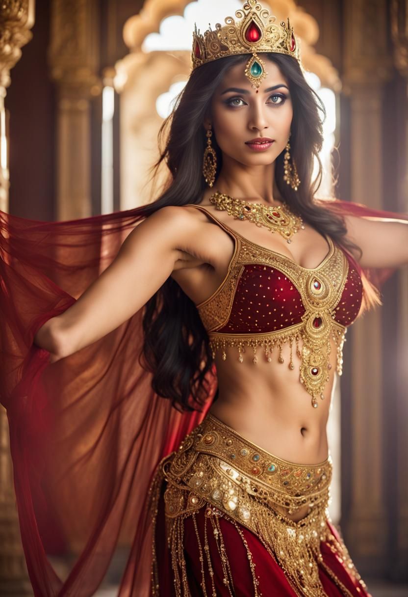 Exotic Indian Princess with Golden Crown in Palace