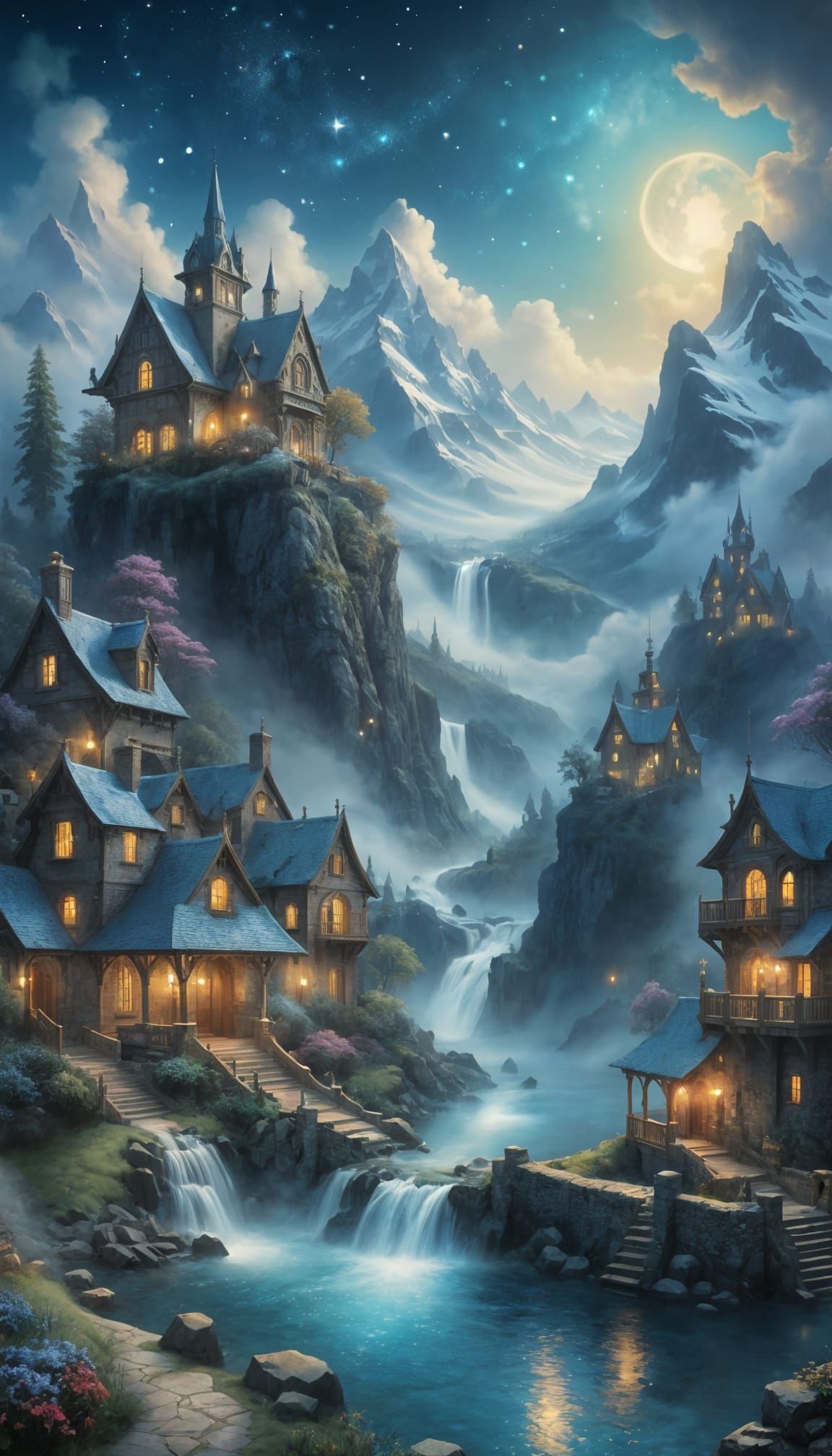 Magical Indigo City Under Cosmic Skies