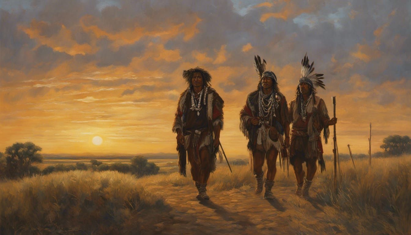 Native American Men at Sunset in Oil Painting Style