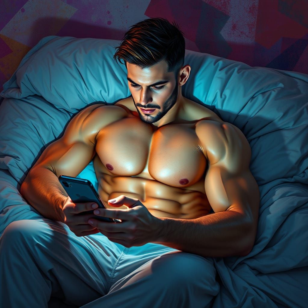 hombre musculoso,atractivo, mirando el celular cuando se lenvanta de la cama