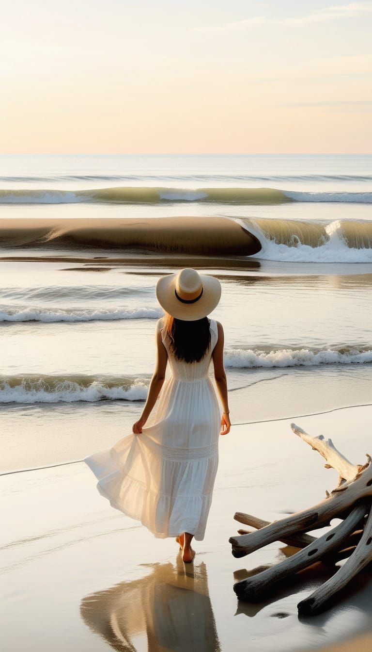 Woman in Serene Coastal Scene, Influenced by Wyeth, Soutine,...