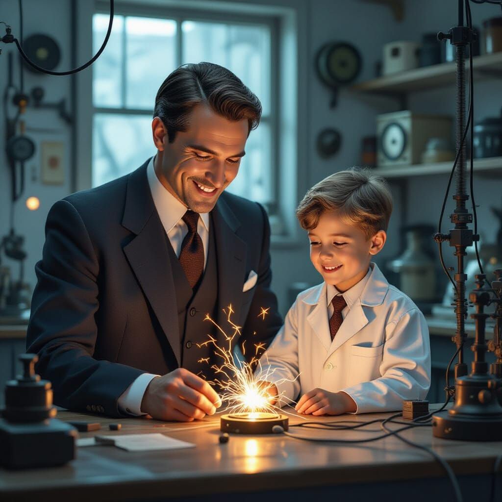 Nikola Tesla and Boy in Laboratory, Art Nouveau