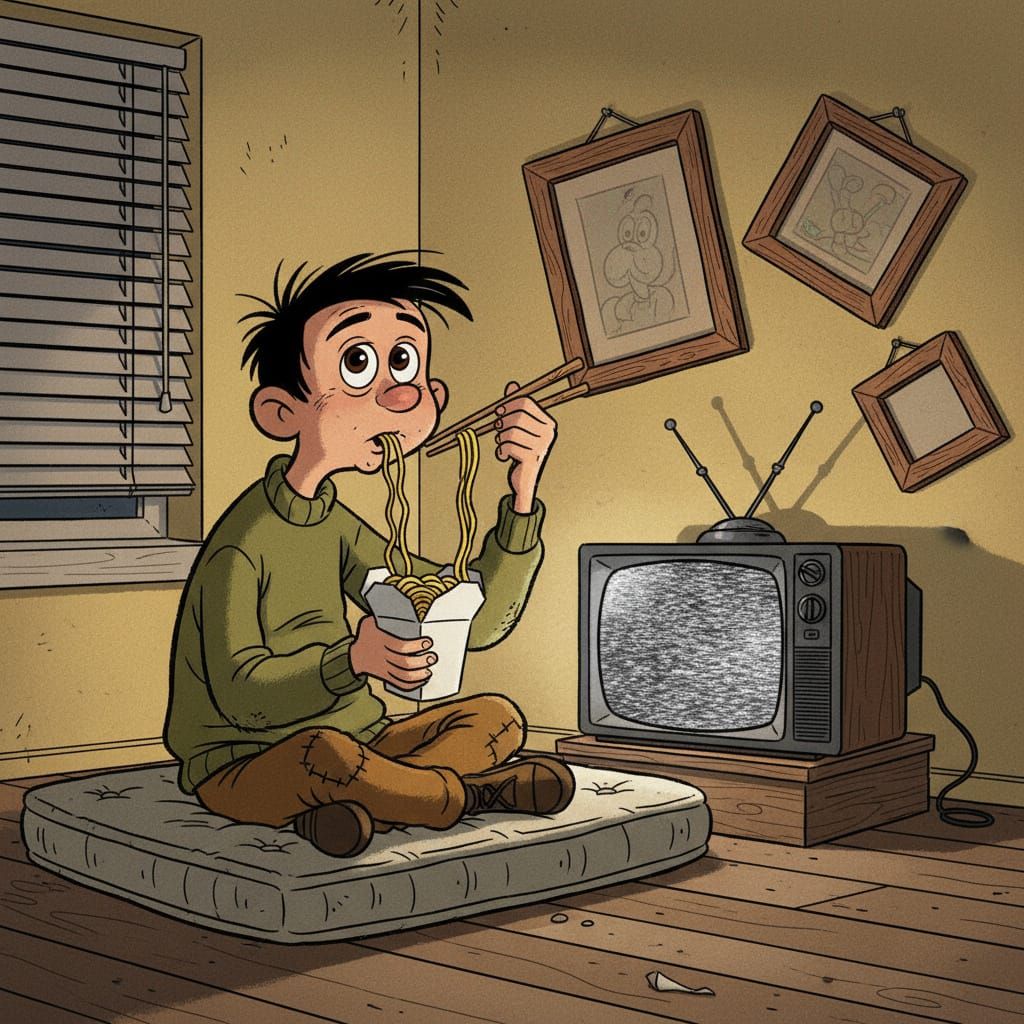 1960s Hanna-Barbera Style Cartoon Character Eating Noodles