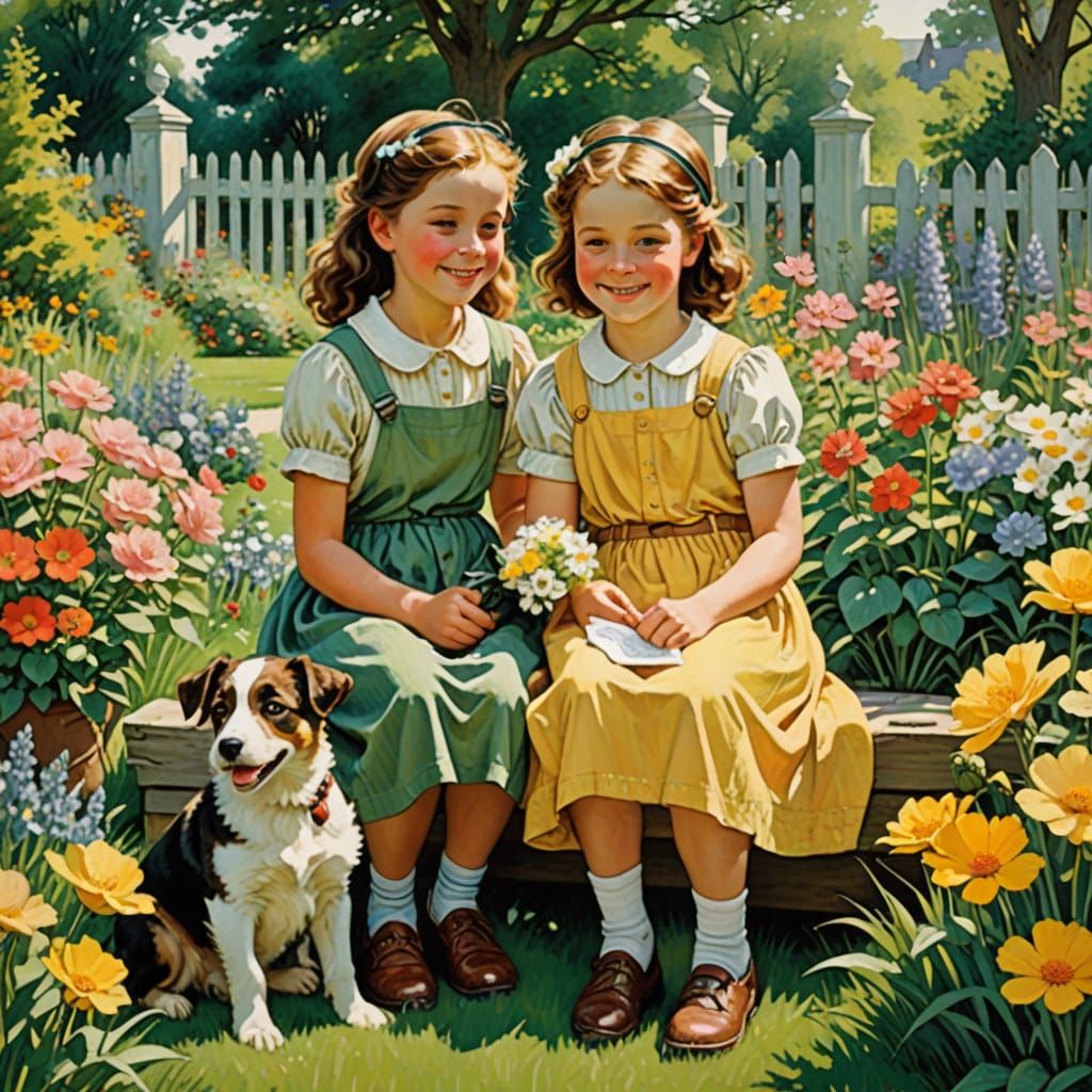 Child and Puppy in Whimsical Garden