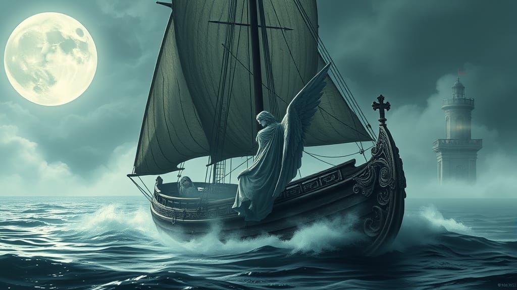 Majestic Sailboat with Angel of Death in Dark Surrealism