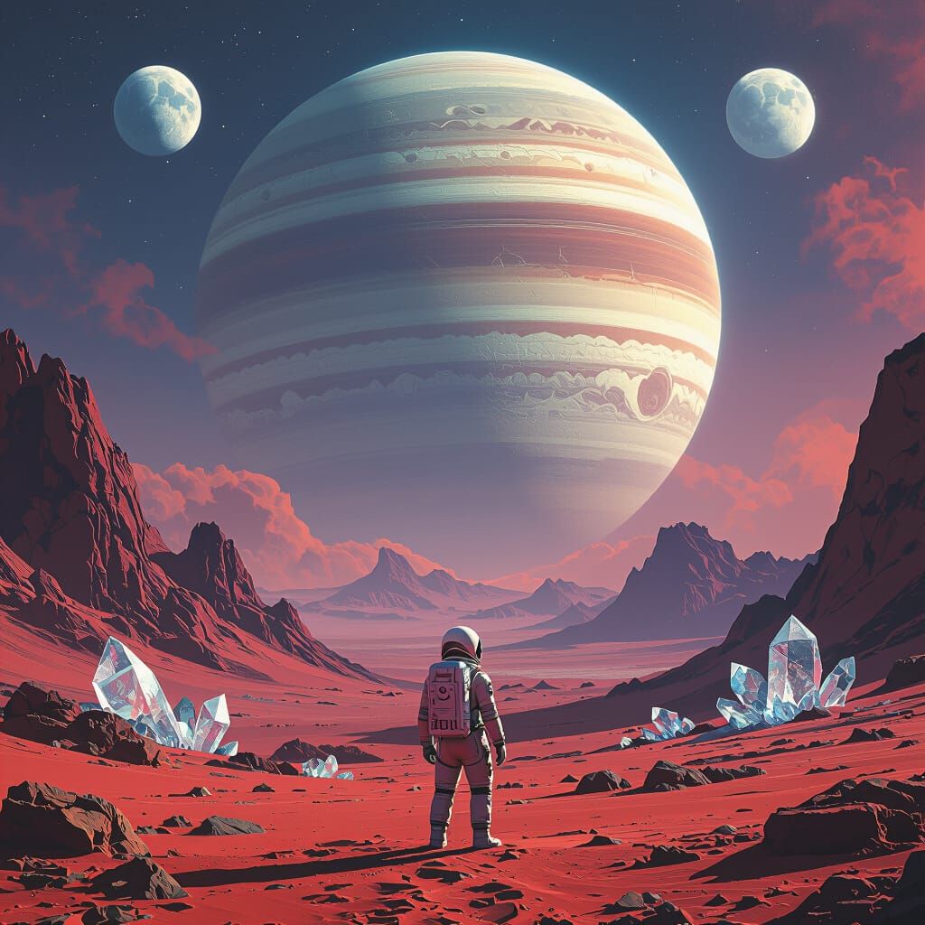 Astronaut on Crimson Planet Gazing at Gas Giant