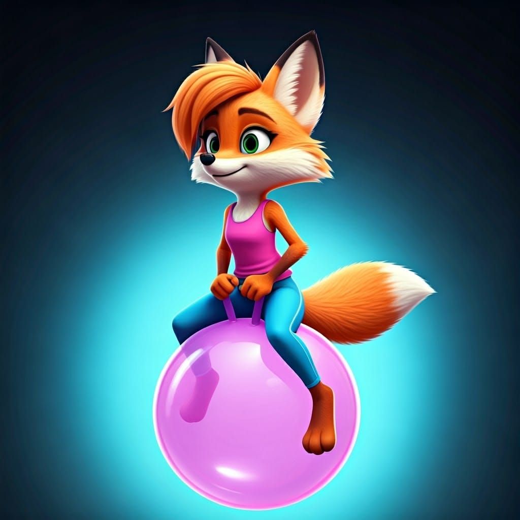 Vibrant Cartoon Fox Bounces on Space Hopper