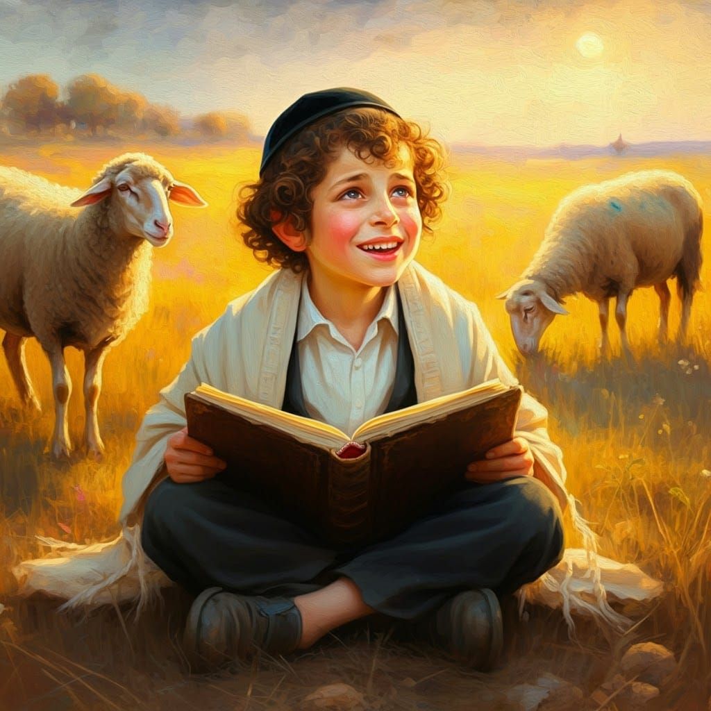 Boy Studying Torah in Impressionist Sunrise