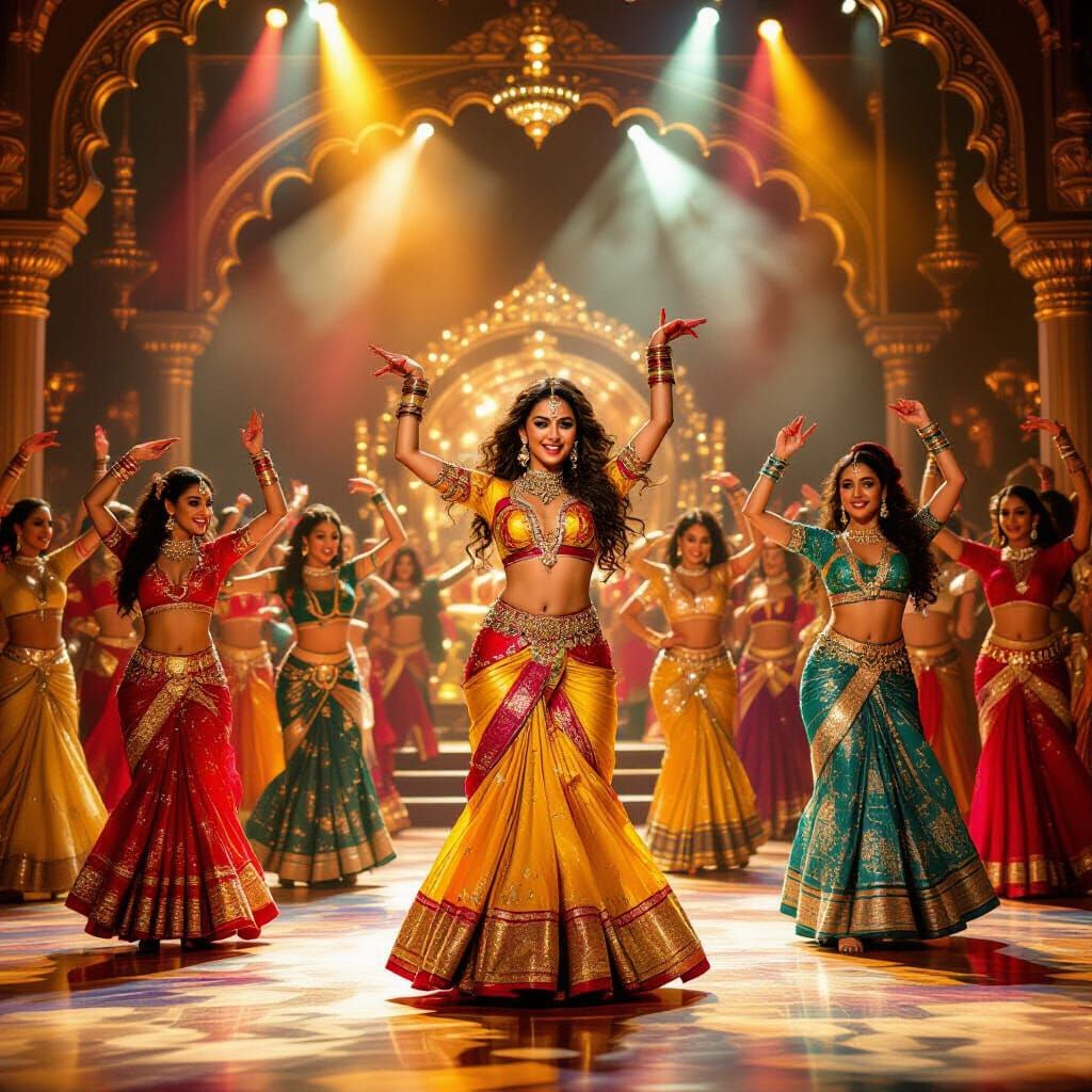Vibrant Bollywood Dance Scene in Ornate Costumes