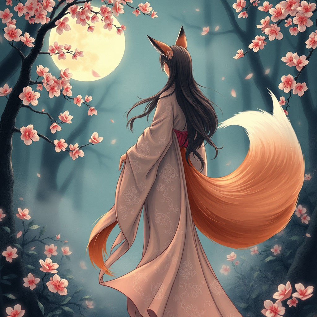 Nine-Tailed Fox Goddess in Moonlit Forest