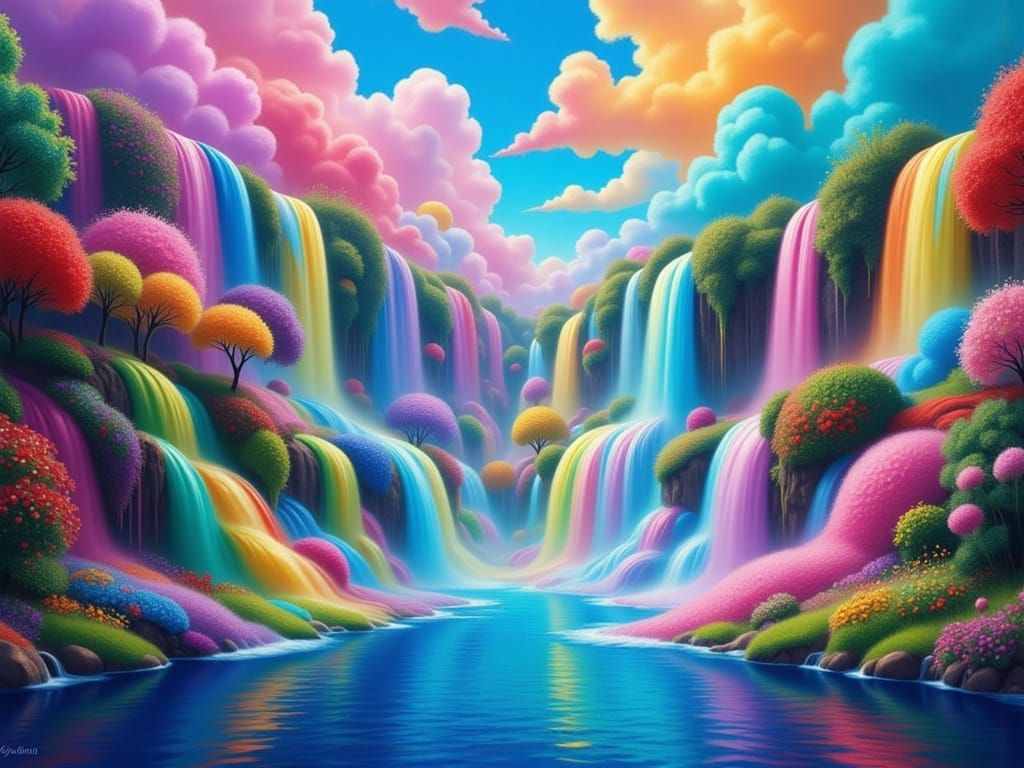 Ethereal Waterfall in Dreamlike Surrealist Landscape