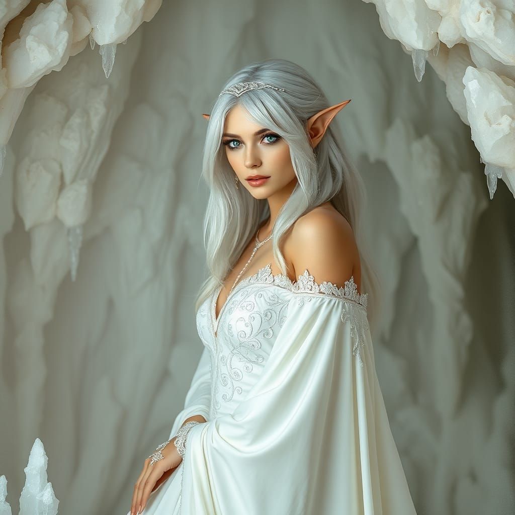 Elegant Elven Woman in White Grotto, Dreamy Art