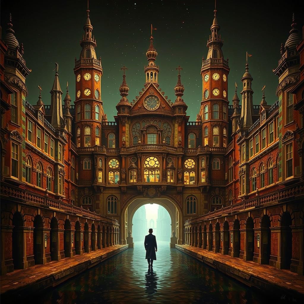 Surreal Figure Walks on Water in Dreamlike City