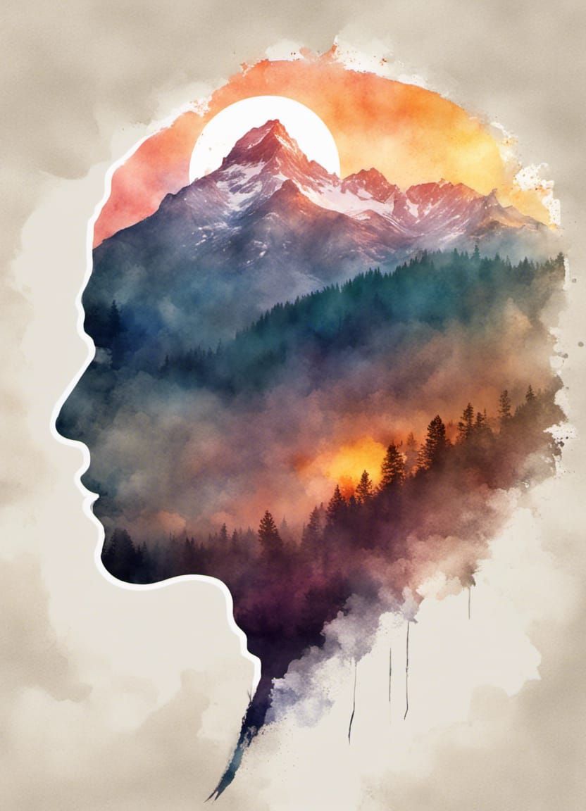Mountain Face Sunset in Double Exposure Watercolour