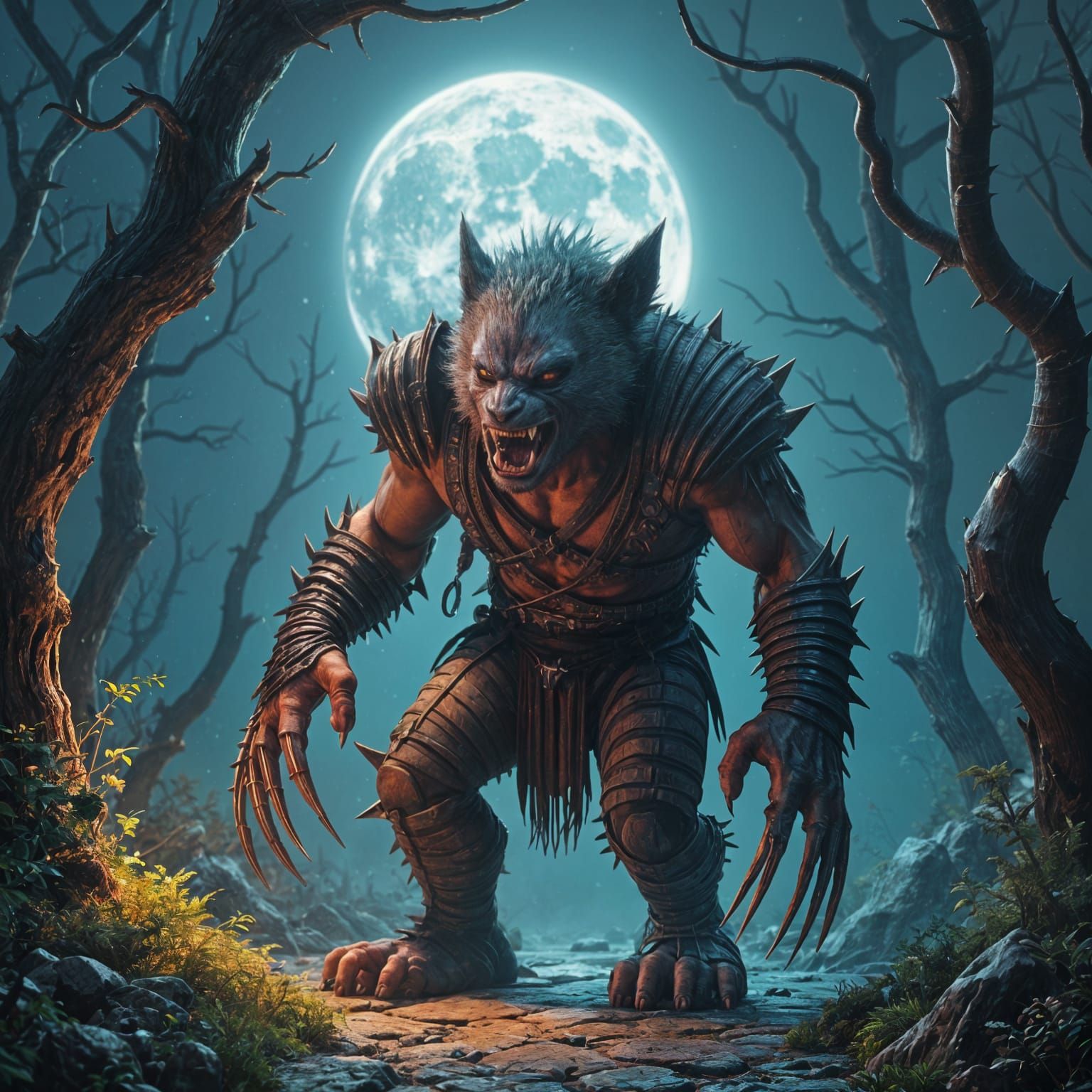 Punk Wolverine in Silver Moonlight: Detailed Matte Painting