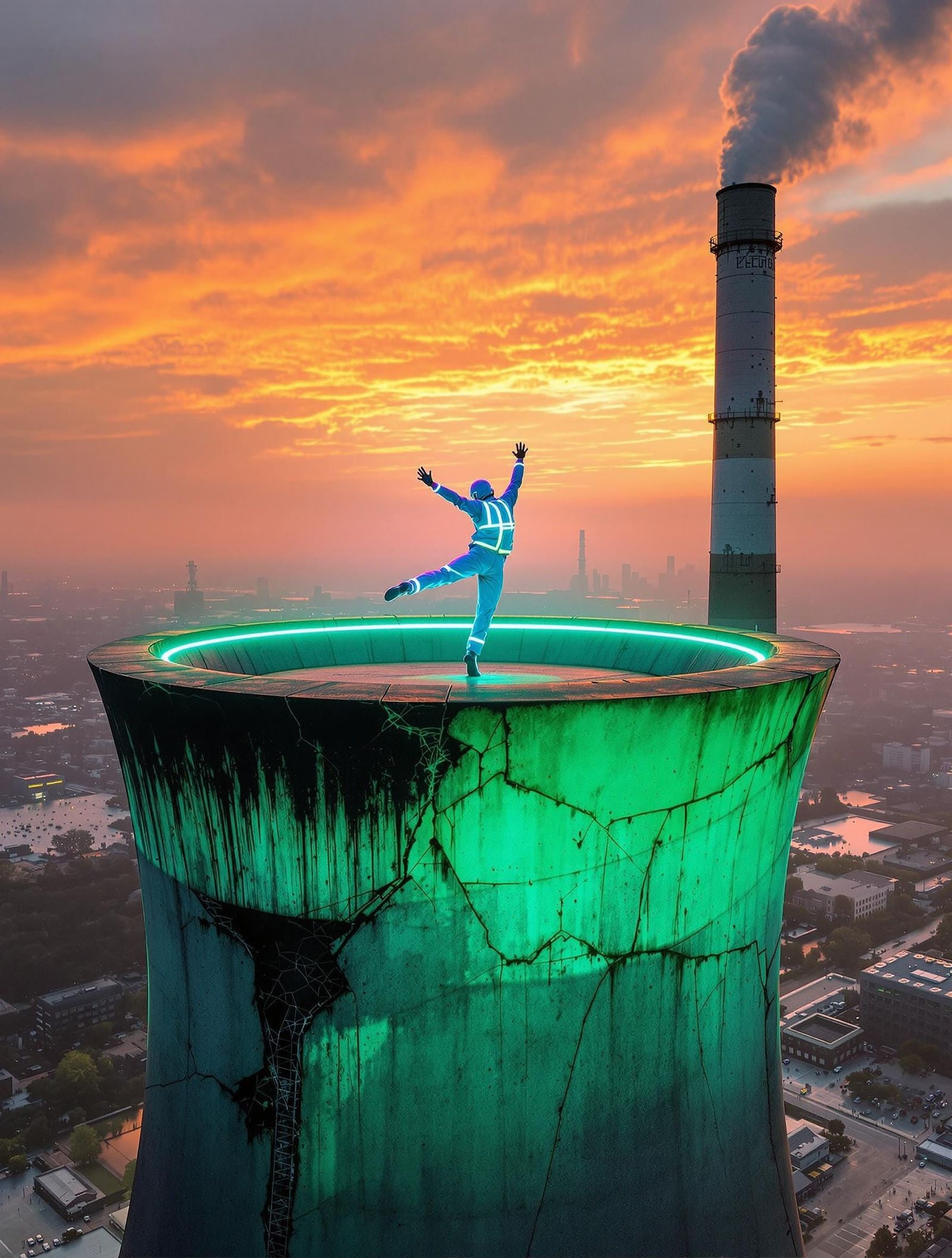 Surreal Abandoned Reactor Tower Scene in Neon Art Style