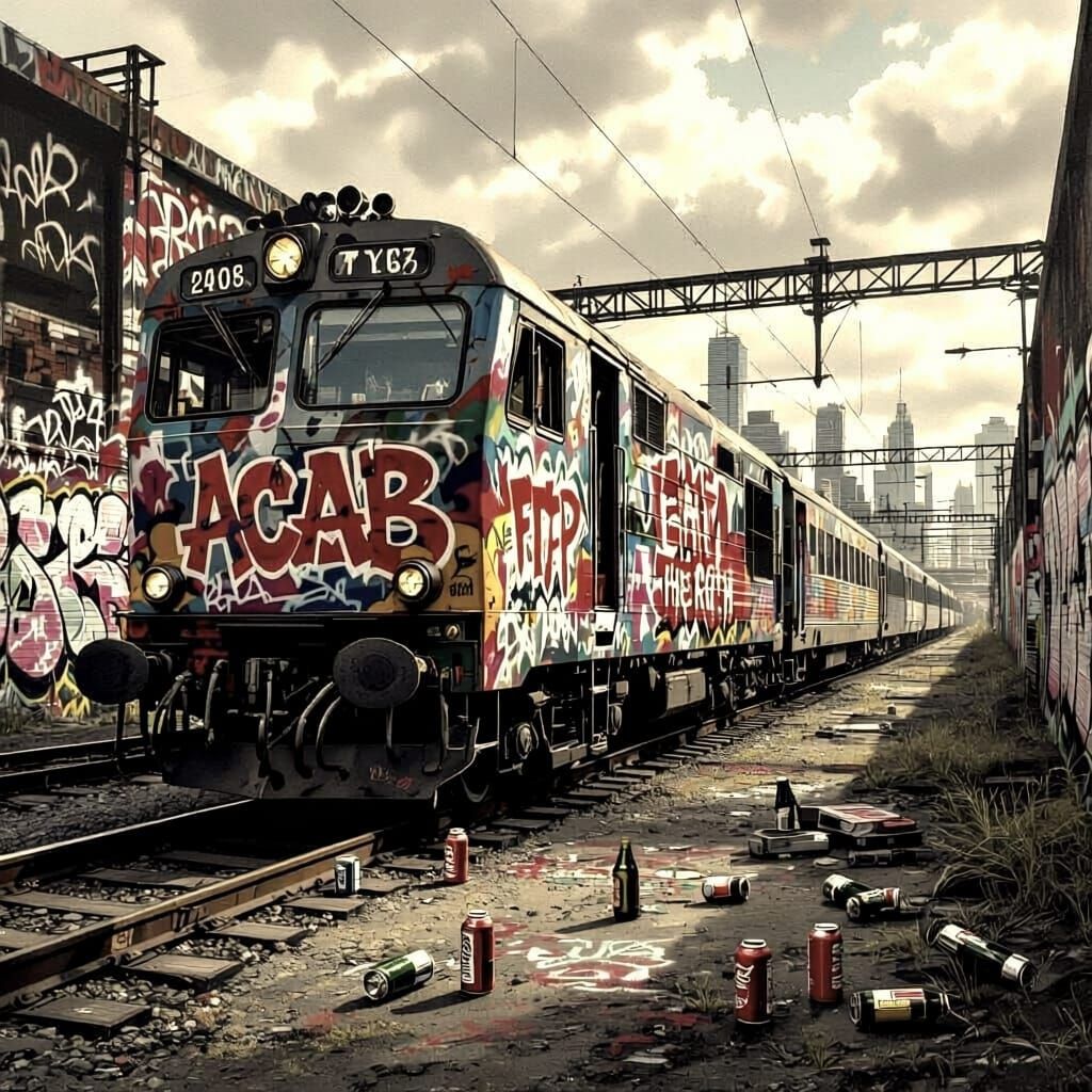 Melbourne Train Yard Graffiti in Detailed Charcoal Drawing