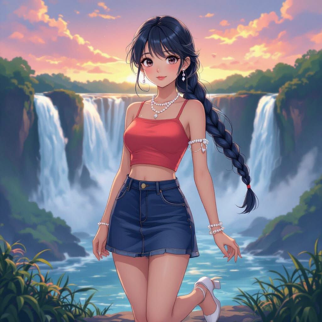 Anime Girl at Iguazu Falls in Coral Top