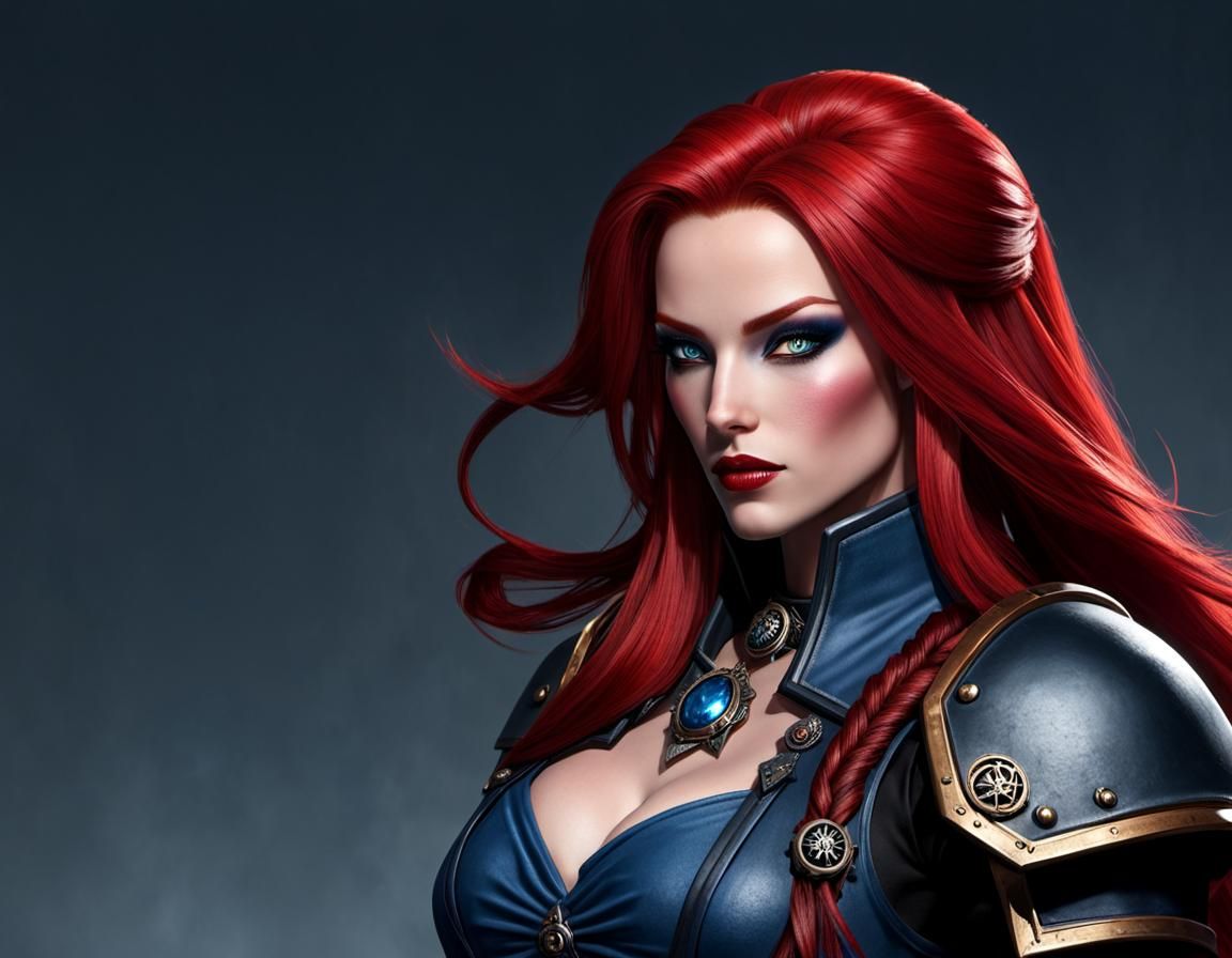 Warhammer 40K female Rogue Trader, Long red hair, perfect face, makeup, lip gloss, blue eyes, tight clothing.