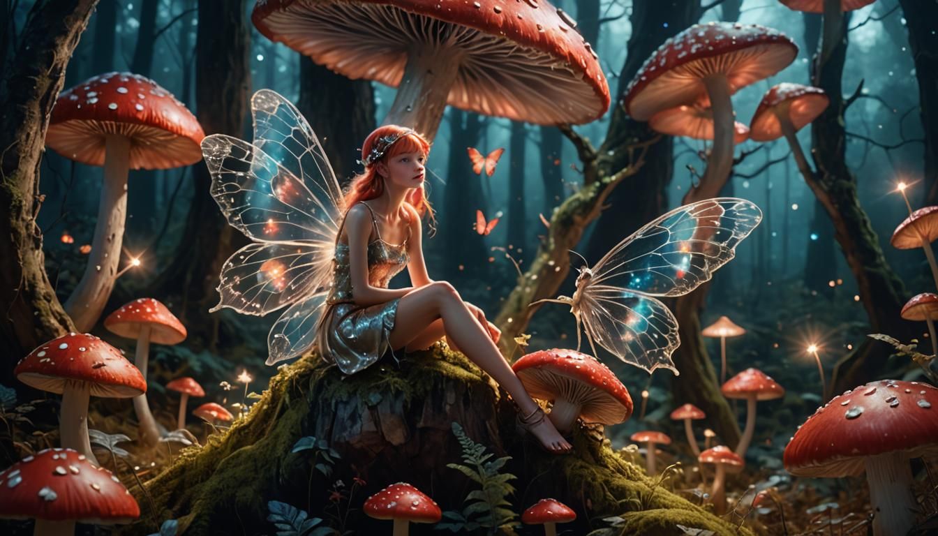 Ethereal Fairy on Mushroom in Moonlit Forest