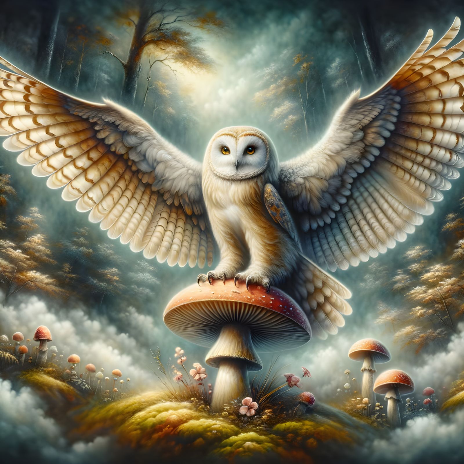 Elegant Owl in Forest, Airbrush Romantic Painting