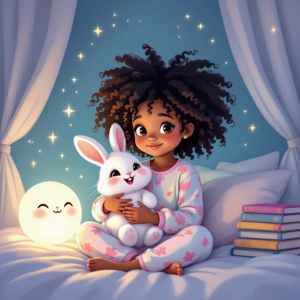 Whimsical Bedroom Scene with Girl and Bunny