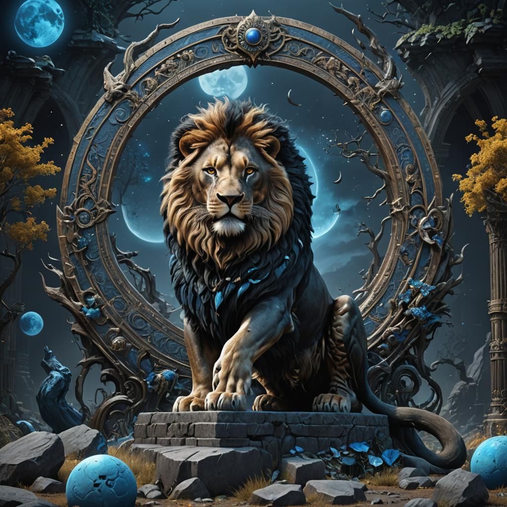 Black and Blue Moon Lion Fantasy Concept Art