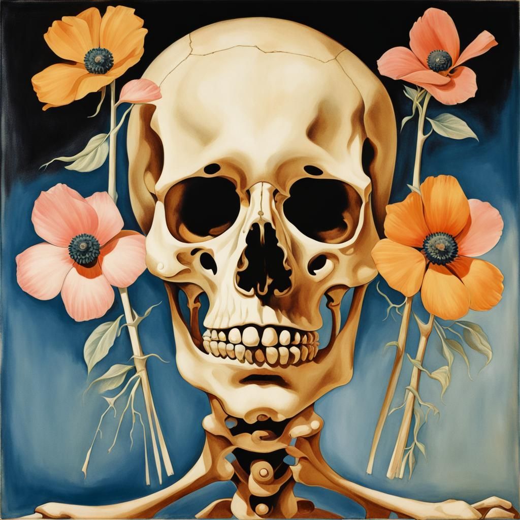 Psychedelic Art Deco Skeleton with Flowers Portrait