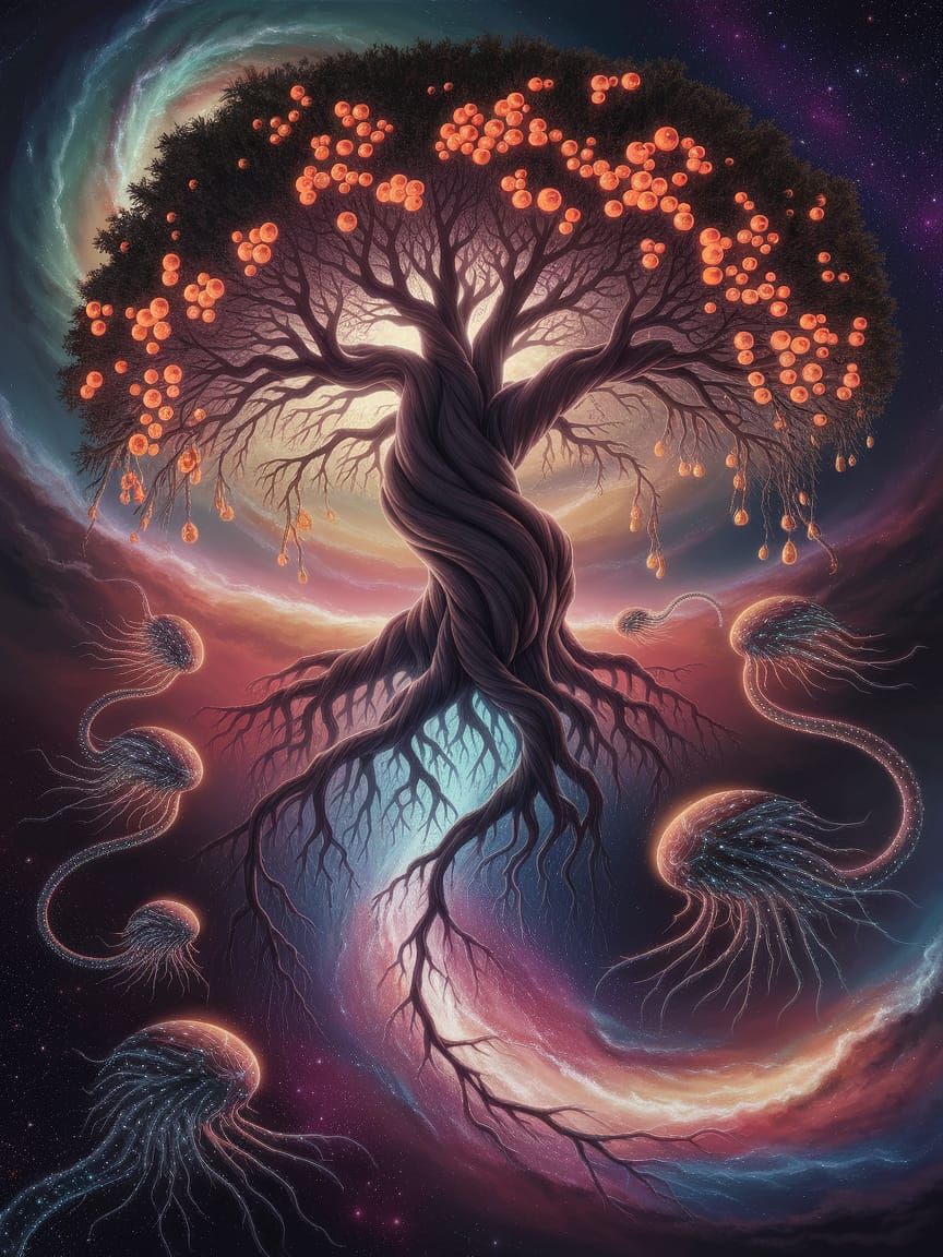 Cosmic Tree with Nebula Roots and Crystal Fruit