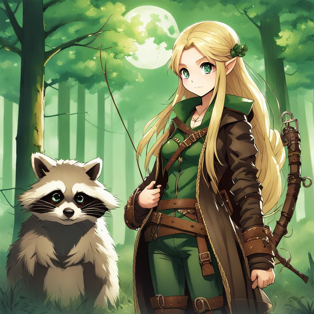 Wood Elf with Raccoon in Anime Style