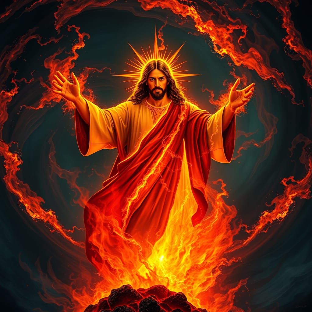 Majestic Jesus Christ Illuminated in Blazing Fire