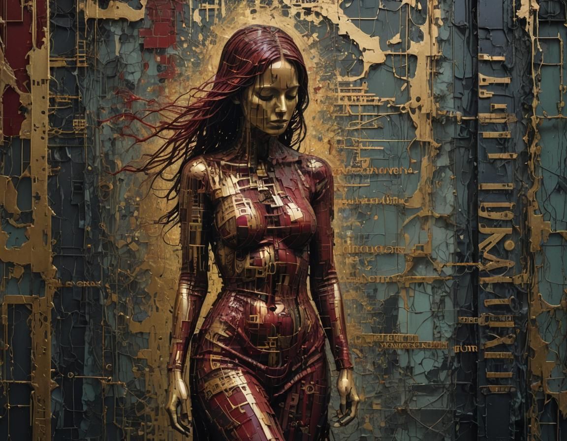 Melancholic Figure Dissolving into Byzantine Industrial Wall