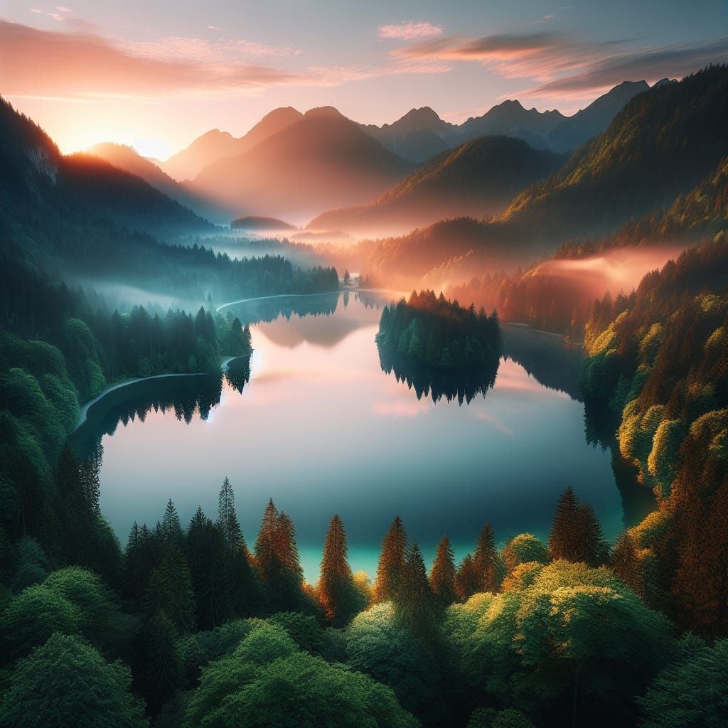 Tranquil Dawn Over a Serene Mountain Lake
