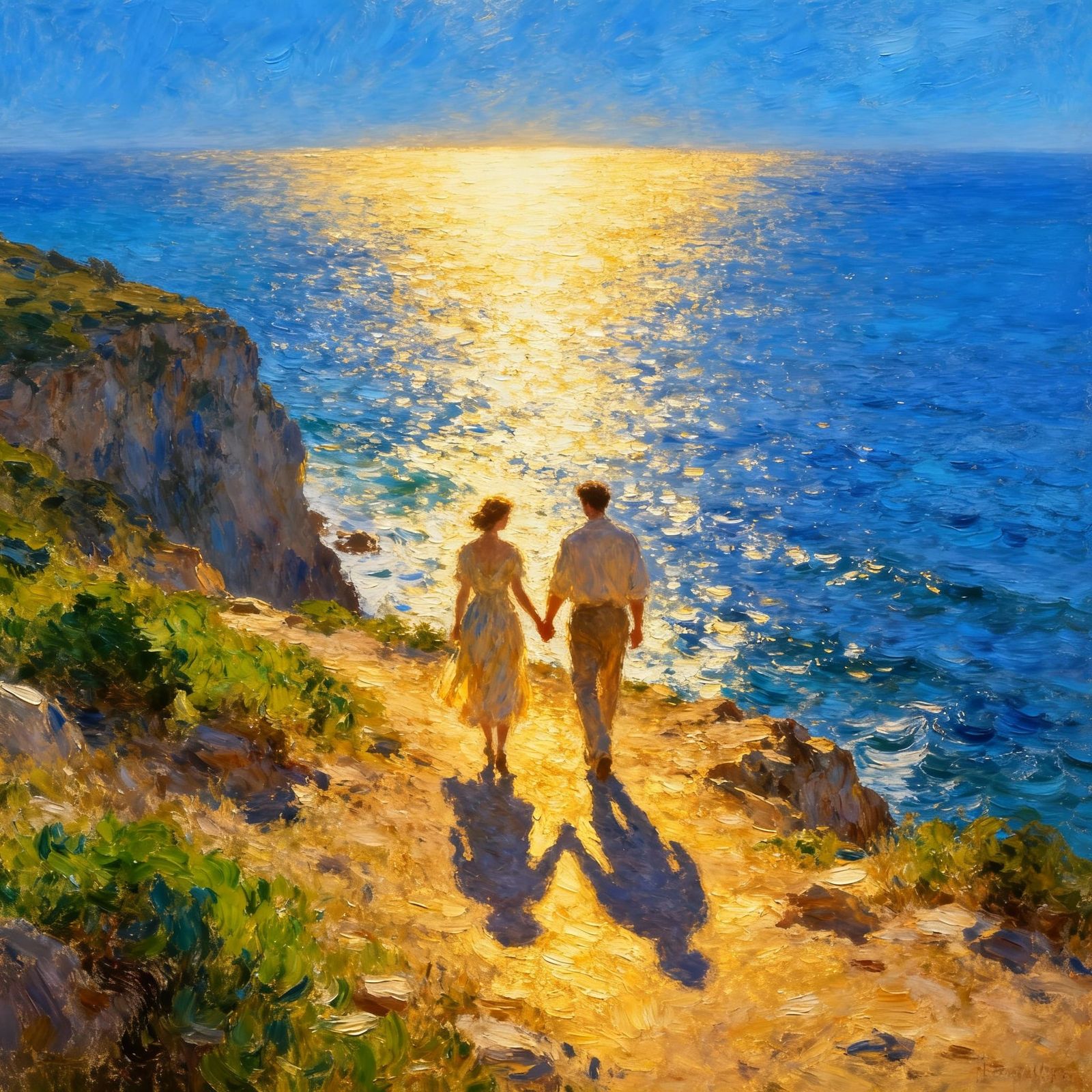 Romantic Couple Overlooks Sea at Golden Hour