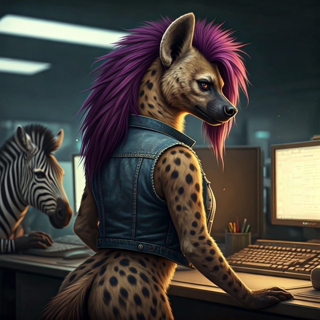 Feminine Punk-Rock Hyena in Gritty Office Cubicle