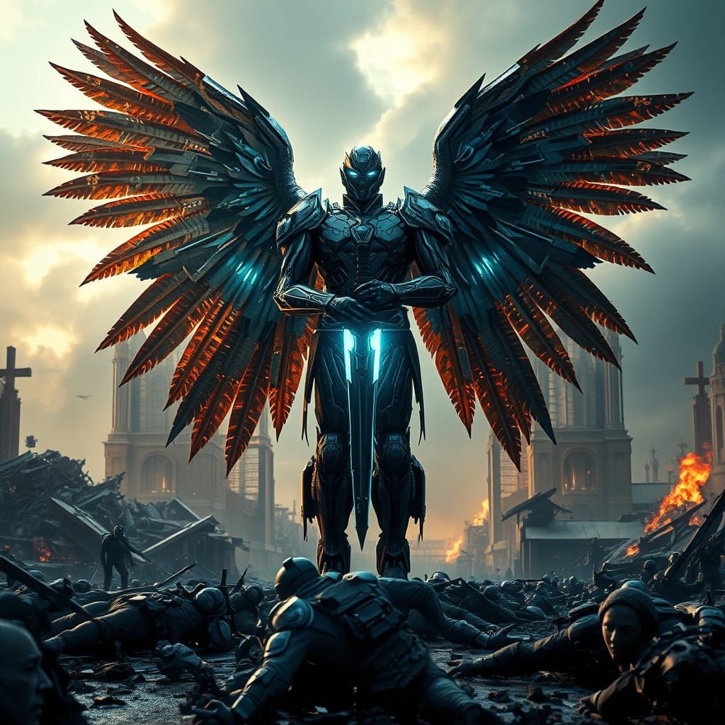 Cybernetic Angel Defends Humanity Amidst Battleground Ruins