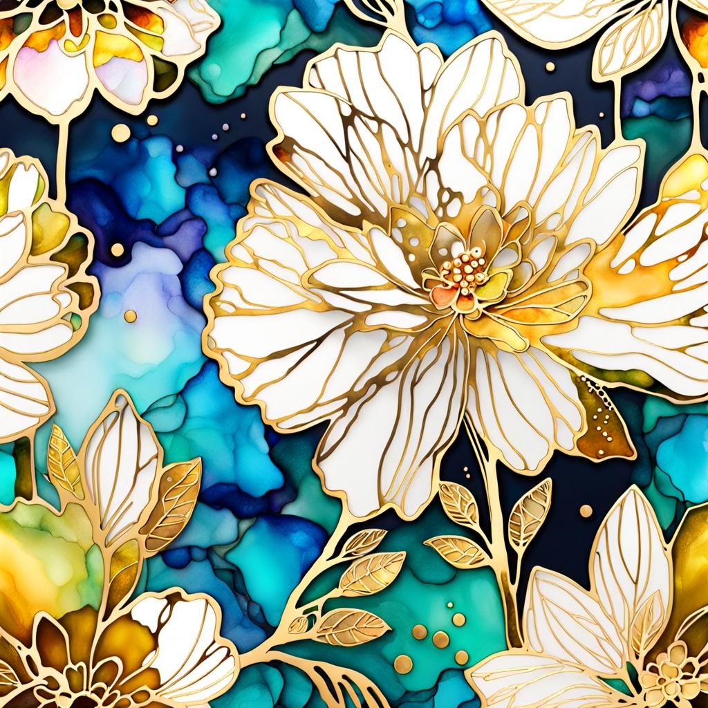 Alcohol Ink Flower with Gold Outlines