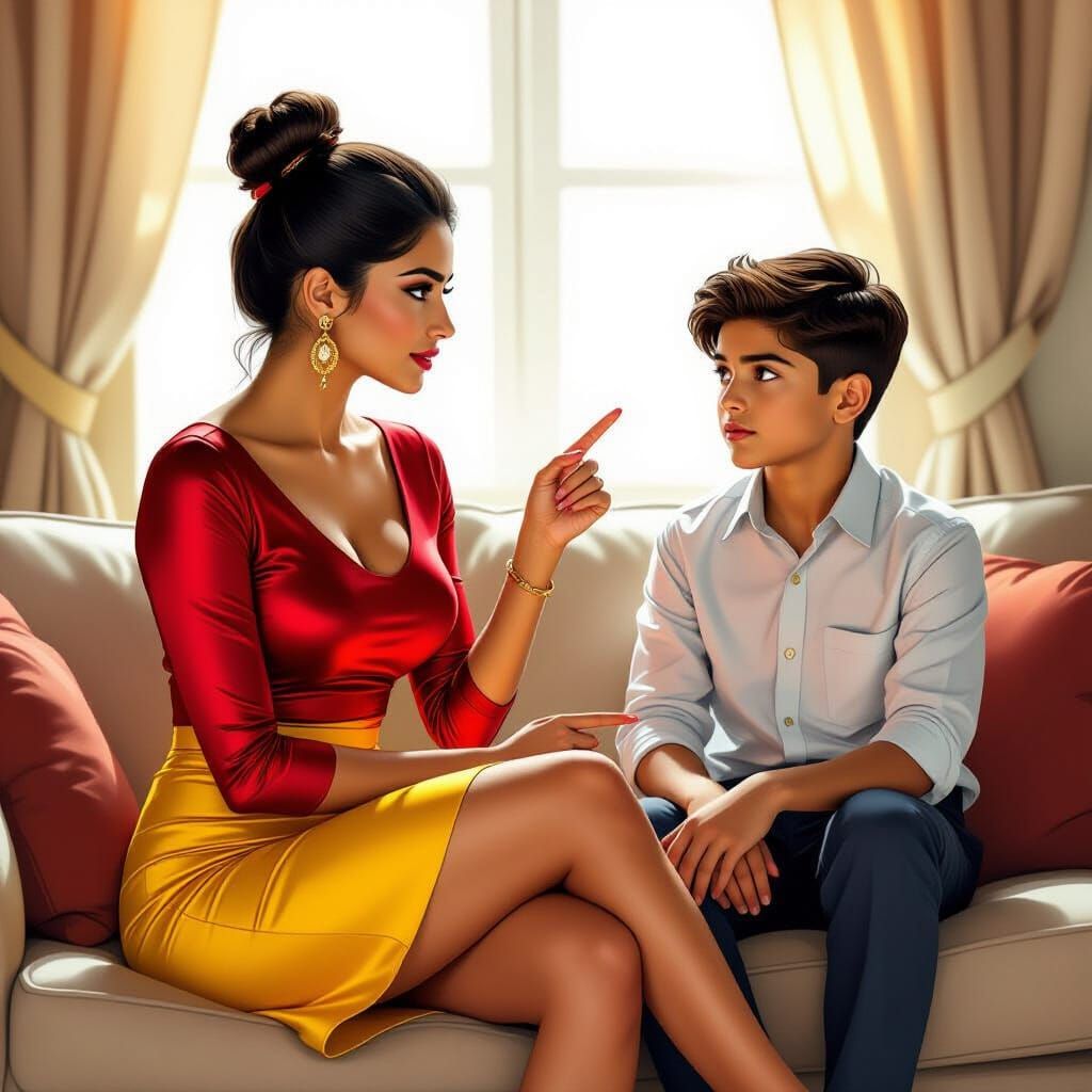 Indian Woman Lectures Nephew in Vibrant Digital Painting