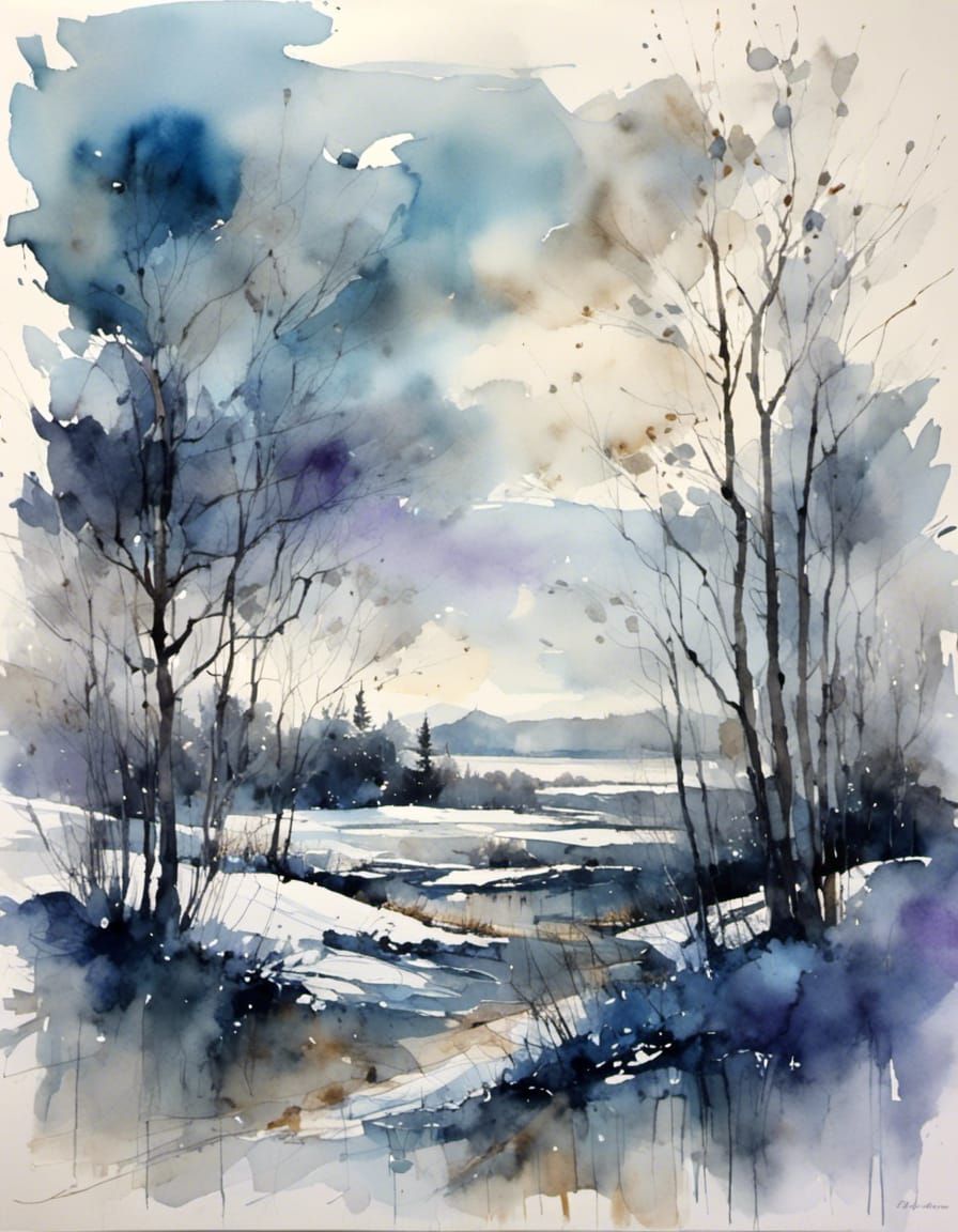 abstract winter in blues, grays with lavender : watercolor p...