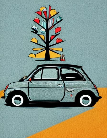 Fiat 500 with Christmas Tree: Bauhaus Illustration