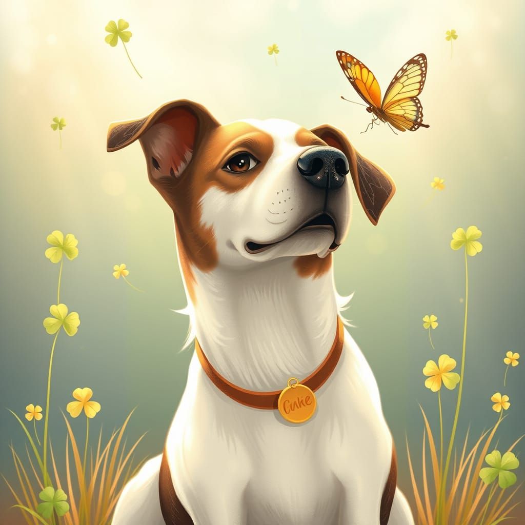 Whimsical Canine Encounter with Butterfly and Four Leaf Clov...