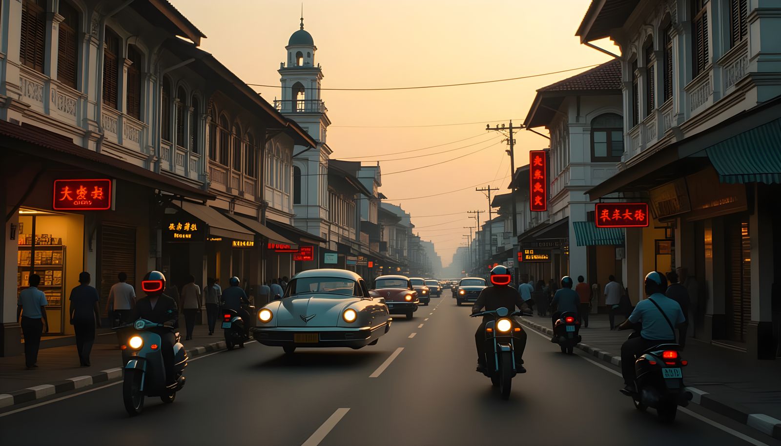 Retro Jakarta Street Scene in Humid Noir Style