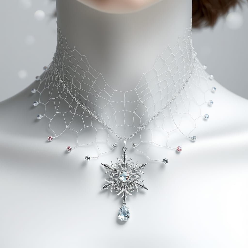 Ethereal 3D Silver and White Gold Spider Web Necklace with P...