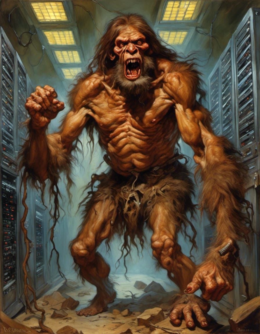 Furious Neanderthal in Server Room: Painterly Portrait