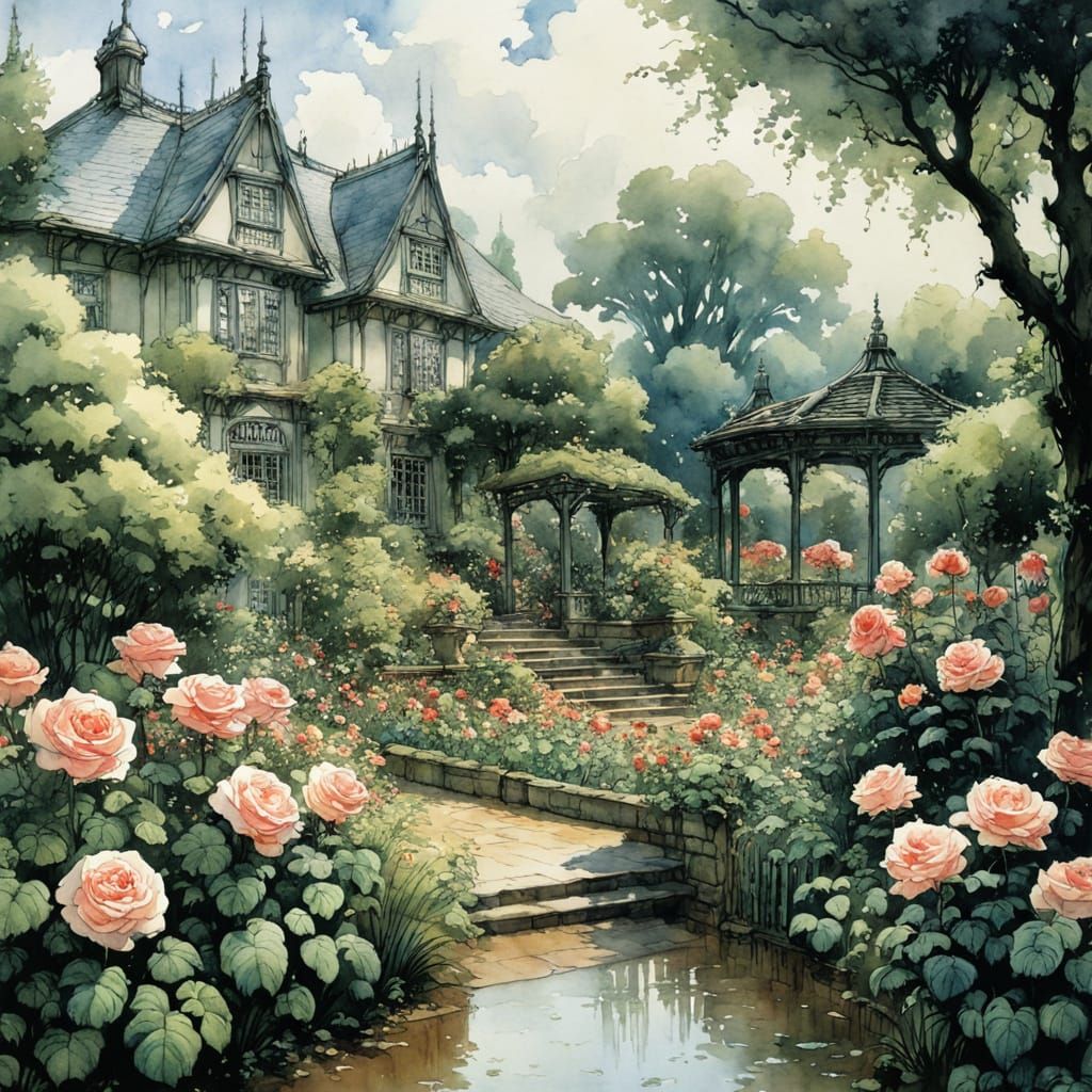Anime Rose Garden in Rainy Summer Watercolor