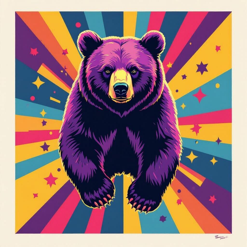 Flying Purple Bear in Pop Art Style